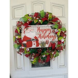 Handmade Santa Christmas Wreath Happy Holidays Sign Red Green White Ribbons xxx